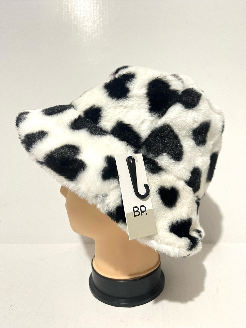 bp Black and White Faux Fur Heart Bucket Hat